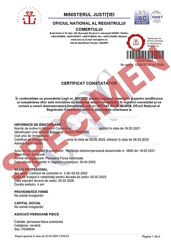 Specimen de certificat constatator emis de ONRC